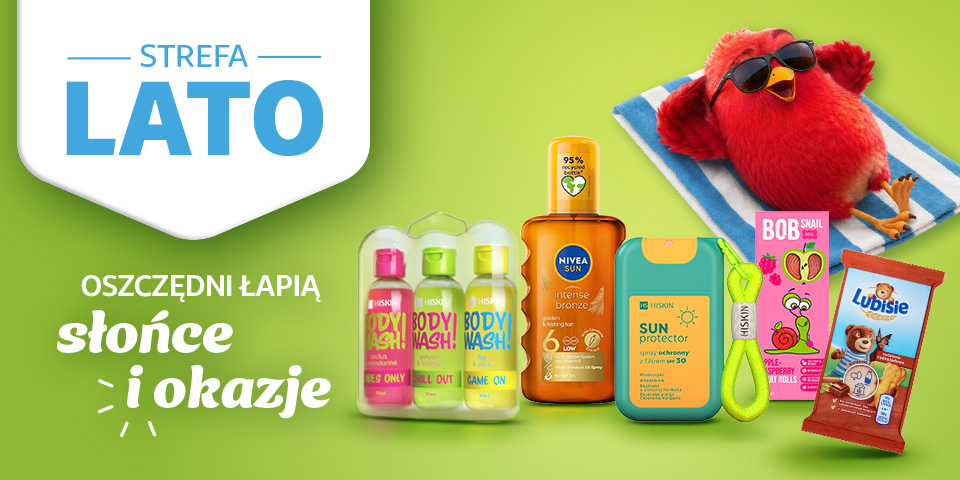 Banner reklamowy "Strefa Lato" z produktami do opalania i postacią Rudzika na zielonym tle. Widoczne napisy "słońce i okazje", Nivea, SPF 50+ Kids.