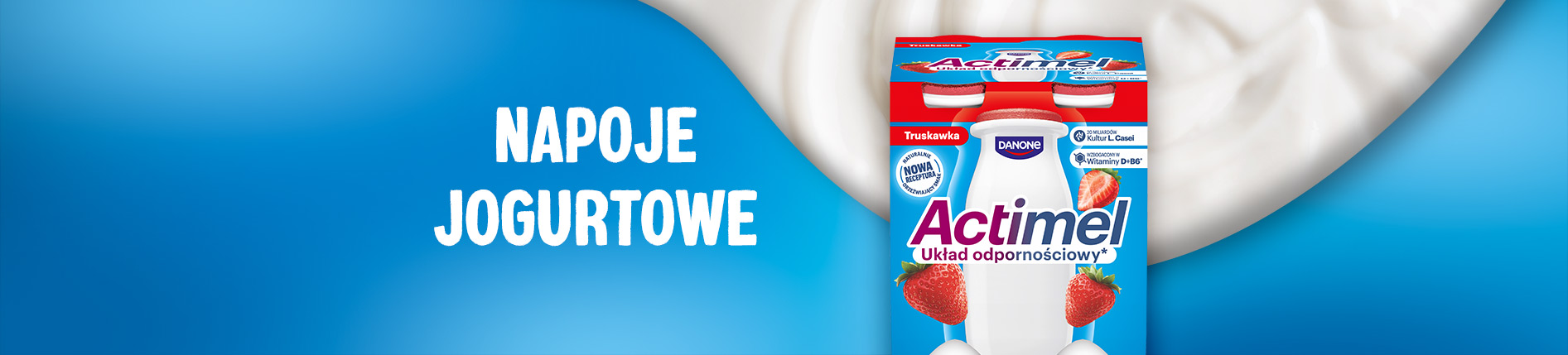 Baner kategorii „Napoje jogurtowe” na niebieskim tle. Opakowanie napoju jogurtowego Actimel Danone o smaku truskawkowym, z witaminami D i B6 oraz kulturami L. casei, na tle białego jogurtu.