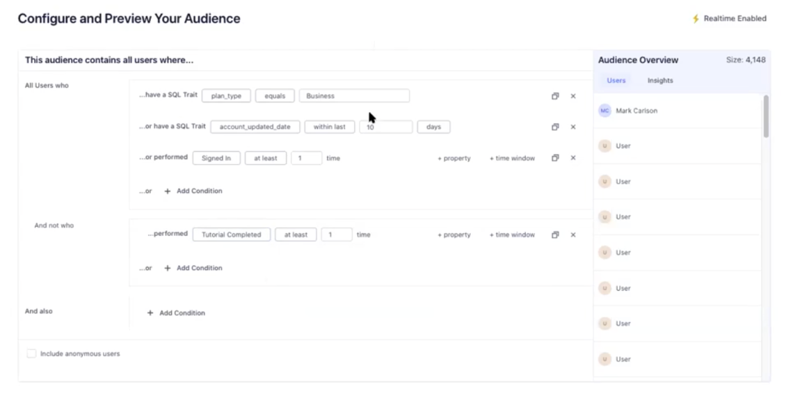 Depiction of how to configure and preview an audience in Twilio Engage