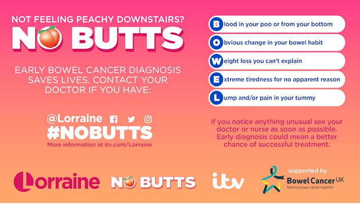 No Butts Get To Know The Symptoms Of Bowel Cancer Lorraine