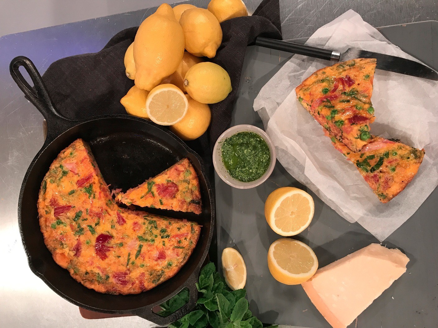 Ham and pea frittata with mint and almond pesto Lorraine