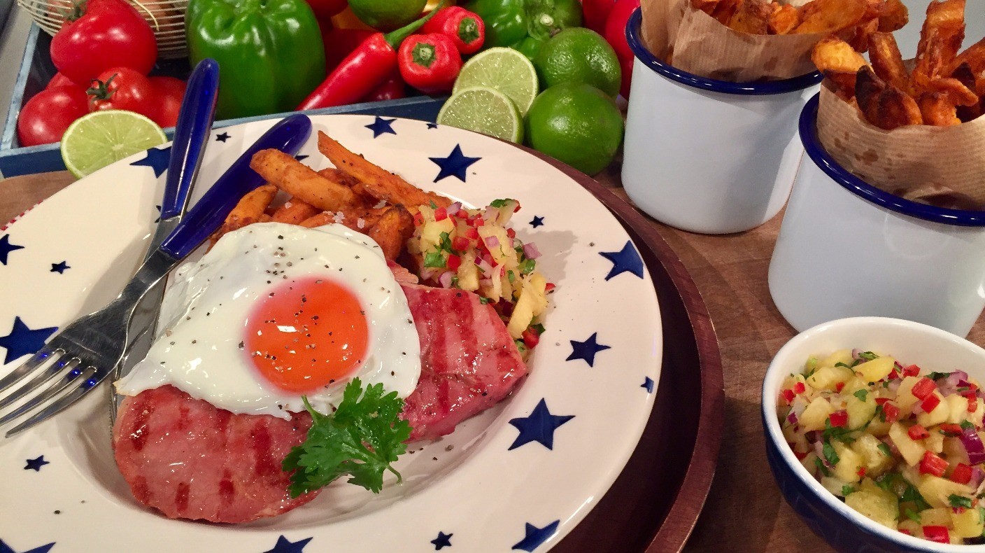 Dean's griddled gammon with pineapple salsa Lorraine