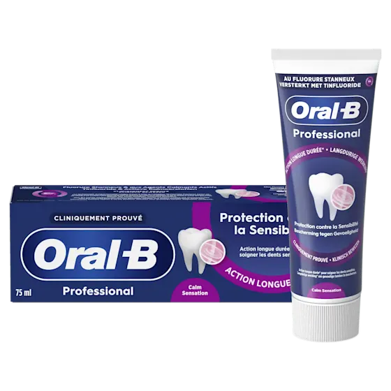 Oral-B Professional tandpasta voor gevoelige tanden, met de claim 'Bescherming tegen Gevoeligheid'.