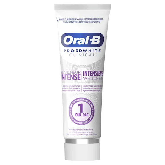 Oral-B Pro-3D White Clinical tandpasta tube en verpakking, met de claim 'wittere tanden in 1 dag'.
