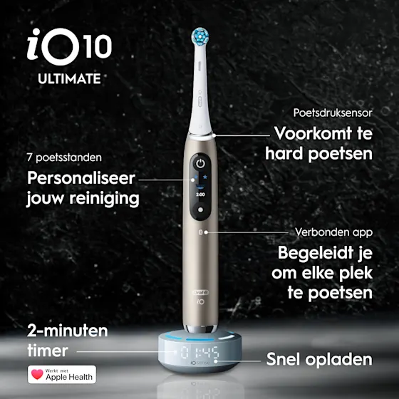 Oral-B iO 10 Ultimate Eclipse Gold tandenborstel, inclusief oplaadstation, reisetui en opzetborstelbeschermer.