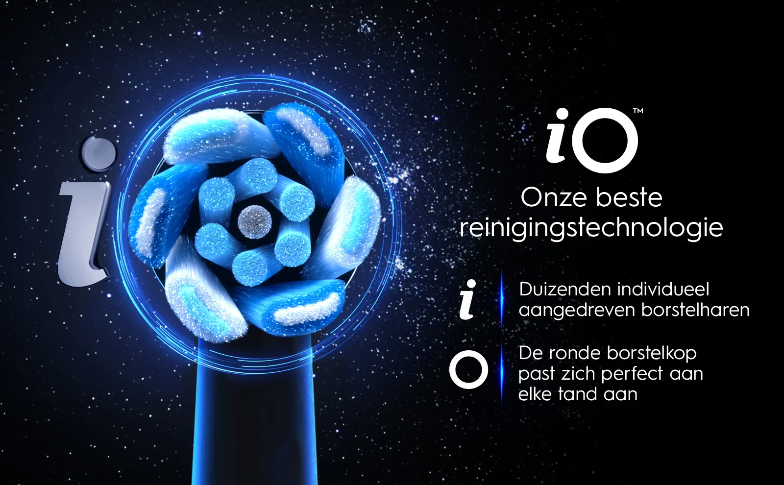 iO tandenborstel met geavanceerde reinigingstechnologie en ronde kop tegen sterrenhemellachtergrond 