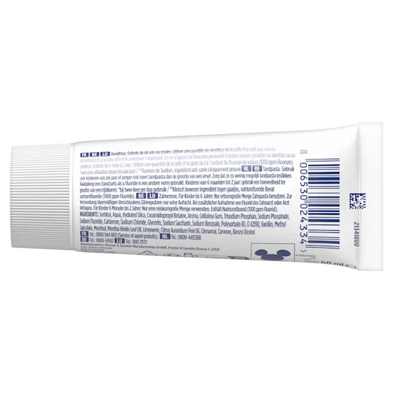 Oral-B Kids tandpasta met fluoride, 24 uur bescherming tegen cariës, en The Lion King afbeelding.