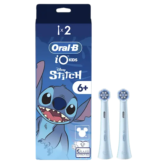 Oral-B iO Kids opzetborstels, Disney Stitch editie, 2 stuks, goedgekeurd door E.A.P.D. en geschikt voor kinderen van 6 jaar en ouder.