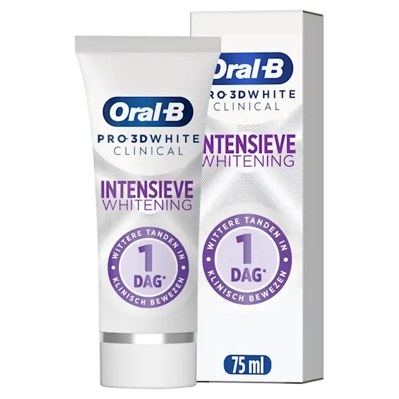 Oral-B Pro-3D White Clinical tandpasta tube en verpakking, met de claim 'wittere tanden in 1 dag'.