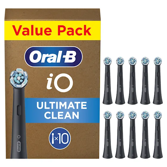 Image showing Oral B iO Ultimate Clean Refill Brush head pack. On the left of the image is the pack with the banner at the top, with text reading “Value Pack”. To the right of the image is the pack contents which includes 10 clean black brush heads.