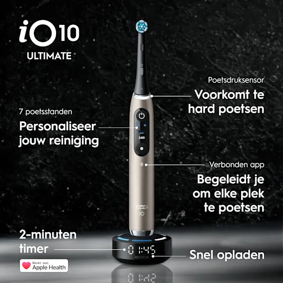 Oral-B iO 10 Ultimate Lunar Gold elektrische tandenborstel, special edition, met oplaad etui en iOsense magnetische oplader.
