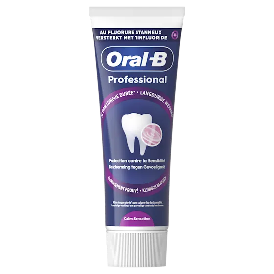 Oral-B Professional tandpasta voor gevoelige tanden, met de claim 'Bescherming tegen Gevoeligheid'.