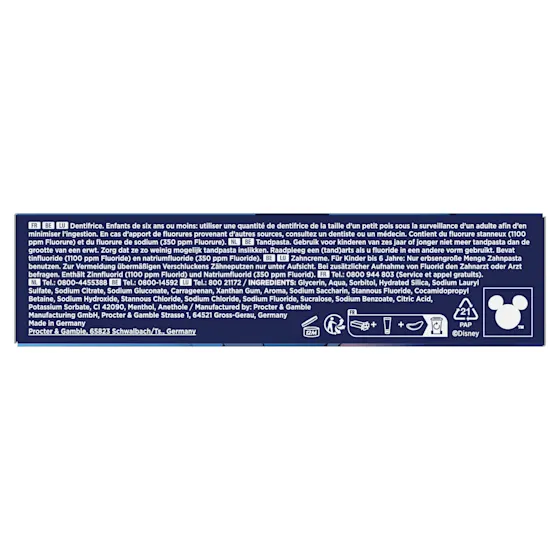 Oral-B Junior-tandpasta, met afbeeldingen van Stitch, biedt 24 uur bescherming tegen gaatjes.