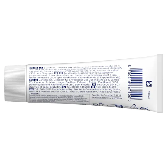 Oral-B Professional tandpasta, met de claim "Glazuurversterking vanaf de 1e poetsbeurt" prominent weergegeven op de verpakking.