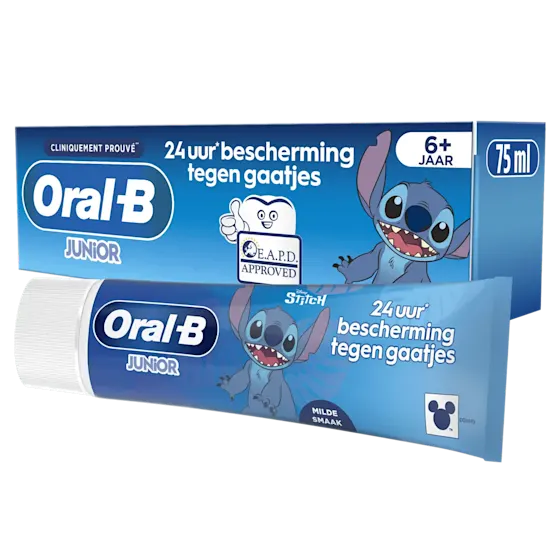 Oral-B Junior-tandpasta, met afbeeldingen van Stitch, biedt 24 uur bescherming tegen gaatjes.