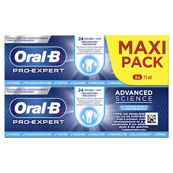Oral-B Pro-Expert Advanced Science tandpasta maxi-pack 2x75 ml, 24 uur preventie.