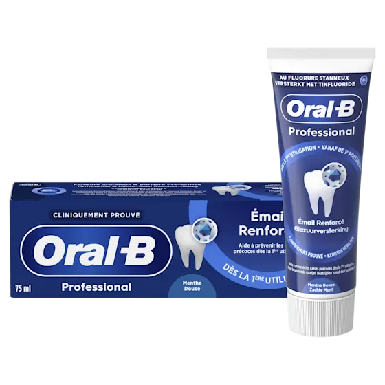 Oral-B Professional tandpasta, met de claim "Glazuurversterking vanaf de 1e poetsbeurt" prominent weergegeven op de verpakking.