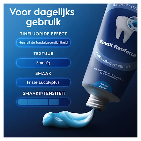 Oral-B Professional tandpasta, met de claim "Glazuurversterking vanaf de 1e poetsbeurt" prominent weergegeven op de verpakking.