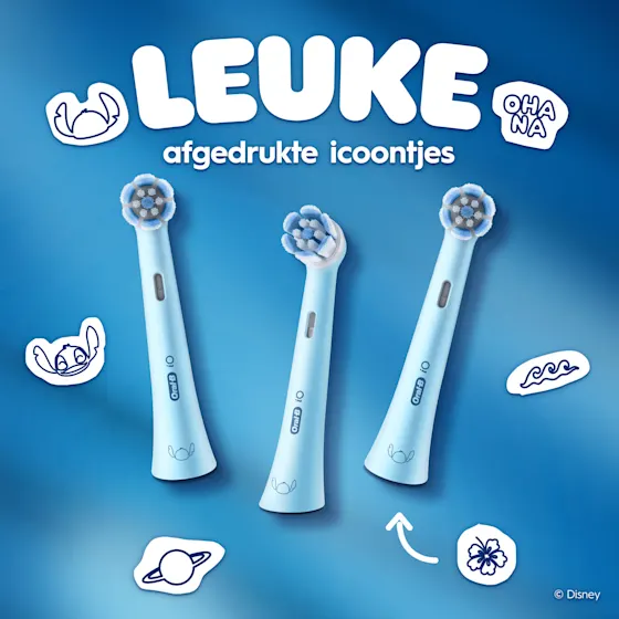Oral-B iO Kids opzetborstels, Disney Stitch editie, 2 stuks, goedgekeurd door E.A.P.D. en geschikt voor kinderen van 6 jaar en ouder.
