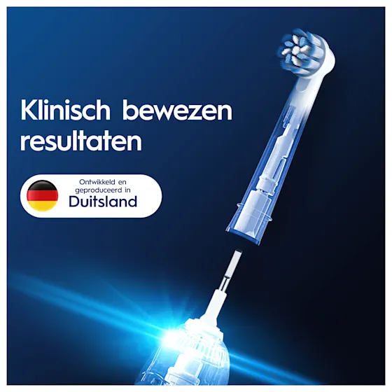 Oral-B Pro Sensitive Clean opzetborstels, verpakking met de claim "10x betere verwijdering van tandplak".