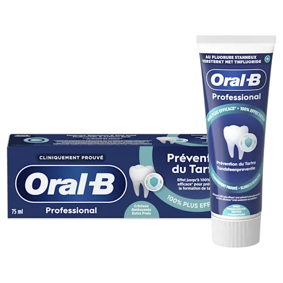 Oral-B Professional tandpasta, verpakking met de claim "100% effectiever" voor tandsteenpreventie.