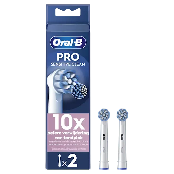 Oral-B Pro Sensitive Clean opzetborstels, verpakking met de claim "10x betere verwijdering van tandplak".