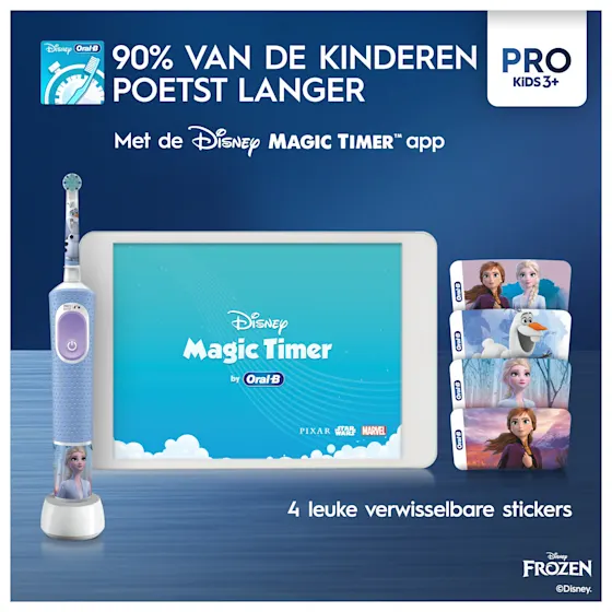 Oral-B Disney Frozen Pro Kids 3+ elektrische tandenborstel, verpakking benadrukt dat deze door tandartsen wereldwijd als nummer 1 wordt gebruikt.