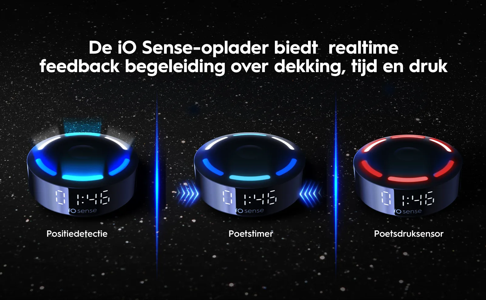 Drie iO Sense-opladers met verschillende functies: positiedetectie, poetstimer en poetsdrucsensor. 