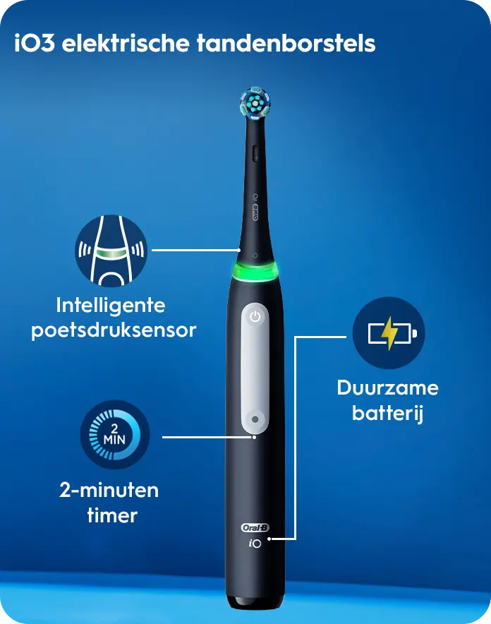 iO3 elektrische tandenborstels, Gentle Care opzetborstel, Intelligente poetsdruksensor, Duurzame batterij, 2-minuten timer
