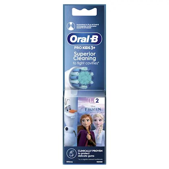 Oral-B Pro Kids 3+ opzetborstels, verpakking met Disney Frozen afbeelding en 2 opzetborstels met Olaf-design.