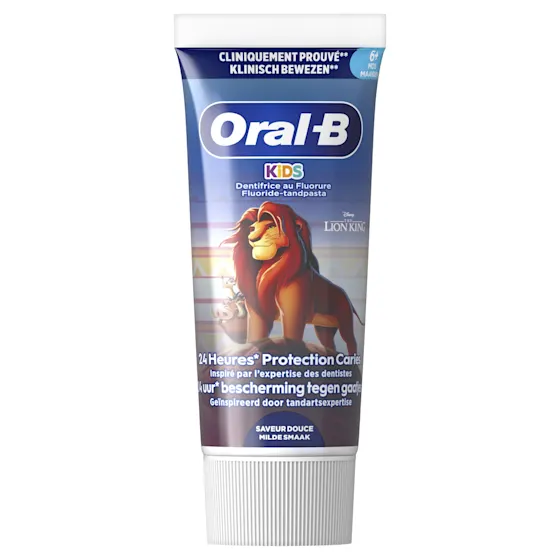 Oral-B Kids tandpasta met fluoride, 24 uur bescherming tegen cariës, en The Lion King afbeelding.