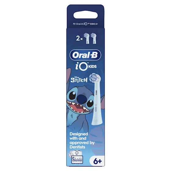 Oral-B iO Kids opzetborstels, Disney Stitch editie, 2 stuks, goedgekeurd door E.A.P.D. en geschikt voor kinderen van 6 jaar en ouder.