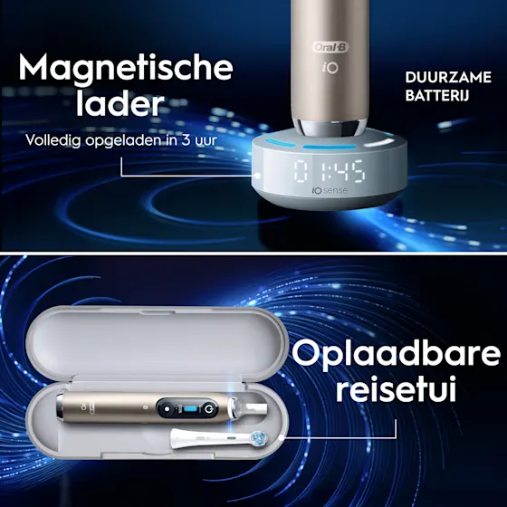Oral-B iO 10 Ultimate Eclipse Gold tandenborstel, inclusief oplaadstation, reisetui en opzetborstelbeschermer.