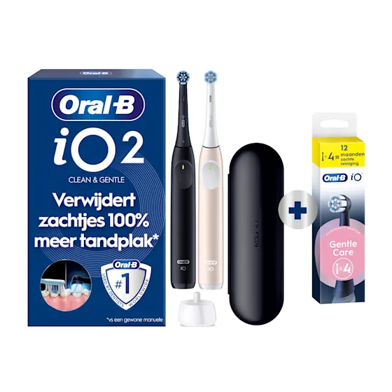 Oral-B iO 2 Elektrische Tandenborstels Zwart & Roze Duoverpakking + 4 Opzetborstels (Gentle Care)