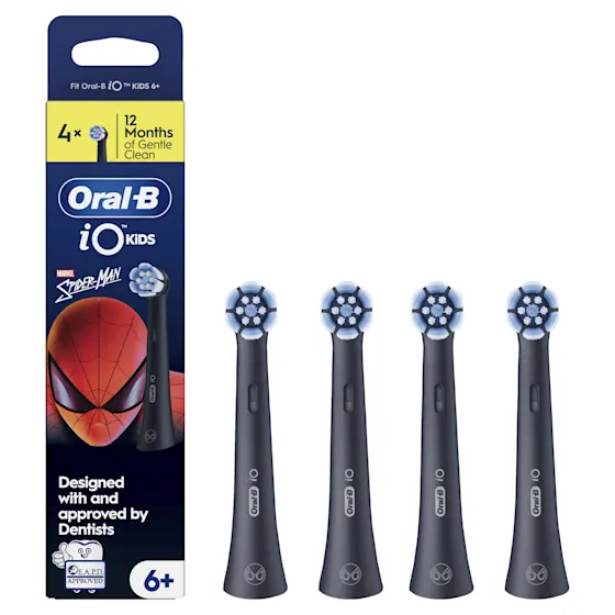 Oral-B iO Kids Marvel Spider-Man opzetborstels, verpakking met vermelding '1 x 4 = 12 Maanden'.