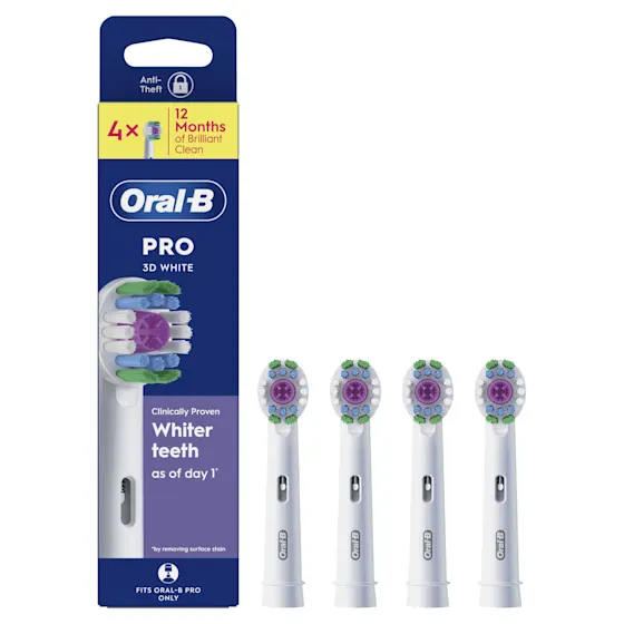 Oral-B PRO 3D WHITE opzetborstels (4x) met vermelding: Wittere tanden vanaf dag 1.