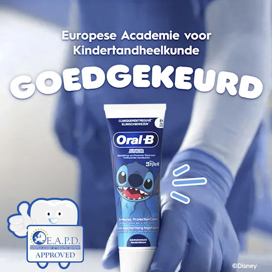 Oral-B Junior-tandpasta, met afbeeldingen van Stitch, biedt 24 uur bescherming tegen gaatjes.