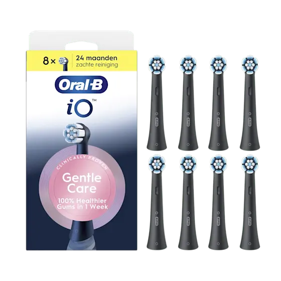 Oral-B iO, pakje van 8 borstelhoofden, zegt "Gentle Care, 100% gezonder tandvlees in 1 week".