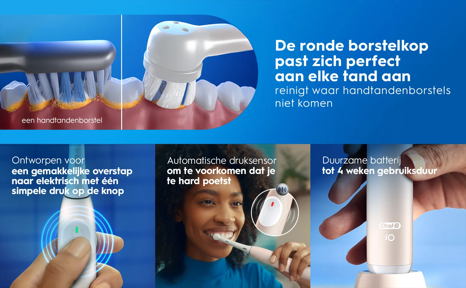 Advertentie: elektrische tandenborstel met ronde kop, druksensor en 4-weken batterij. 