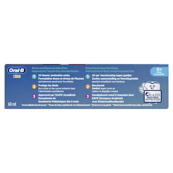 Oral-B Kids tandpasta met fluoride, 24 uur bescherming tegen cariës, en The Lion King afbeelding.