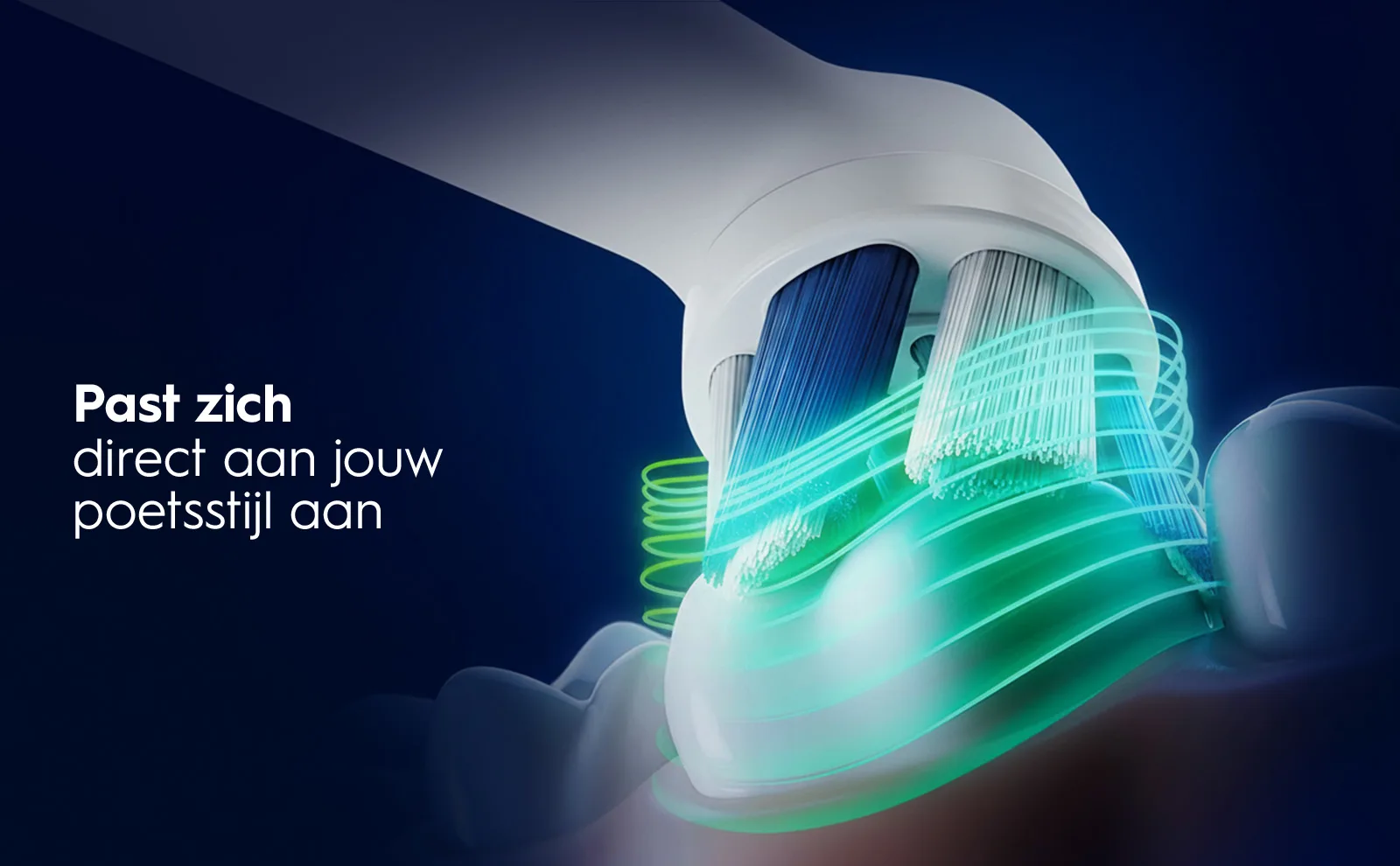 Elektrische tandenborstel met groene verlichting en tekst: Past zich direct aan jouw poetsstijl aan 
