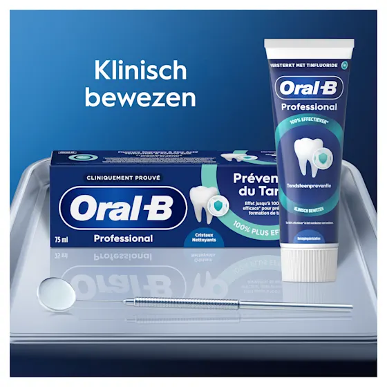 Oral-B Professional tandpasta, met de claim "100% effectiever" in het voorkomen van tandsteen, volgens de verpakking.