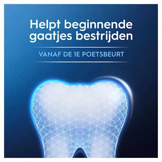 Oral-B Professional tandpasta, met de claim "Glazuurversterking vanaf de 1e poetsbeurt" prominent weergegeven op de verpakking.