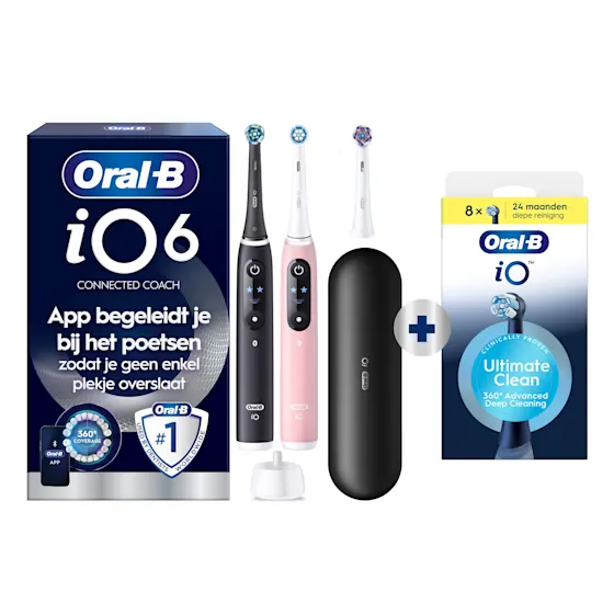 Oral-B iO 6 Elektrische Tandenborstels Zwart & Roze Duoverpakking + 8 Opzetborstels