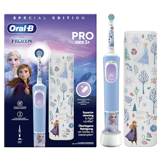 Oral-B Disney Frozen Pro Kids 3+ elektrische tandenborstel, verpakking benadrukt dat deze door tandartsen wereldwijd als nummer 1 wordt gebruikt.