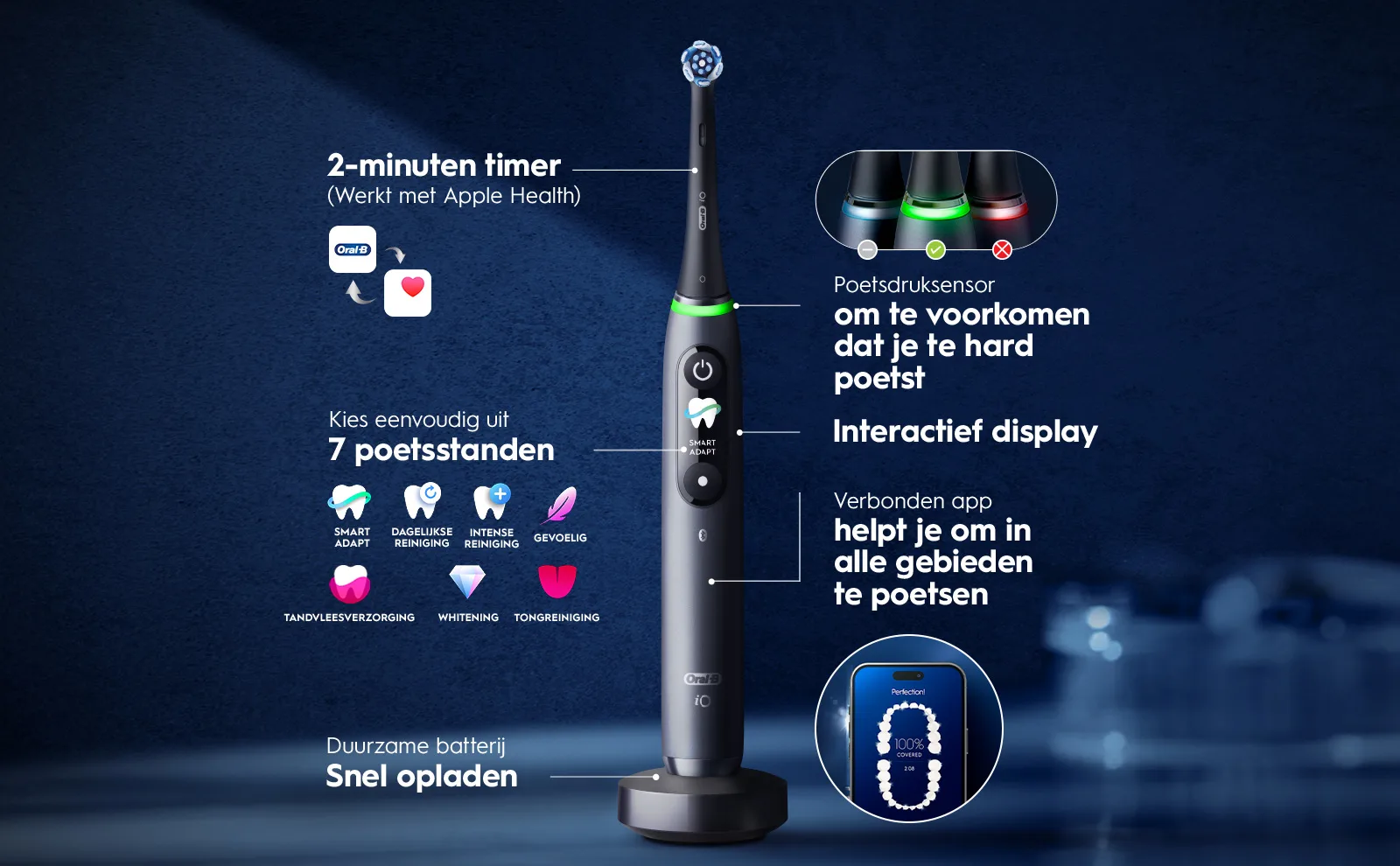 Elektrische tandenborstel met poetsdruksensor, timer, interactief display en 7 poetsstanden 