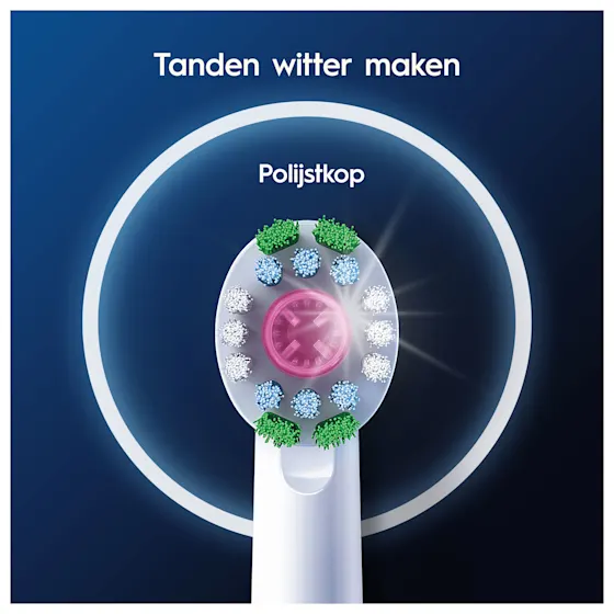 Oral-B opzetborstel in actie, visueel benadrukt het resultaat van wittere tanden vanaf dag 1, vergeleken met een handtandenborstel.