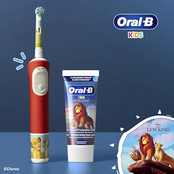 Oral-B Kids tandpasta met fluoride, 24 uur bescherming tegen cariës, en The Lion King afbeelding.