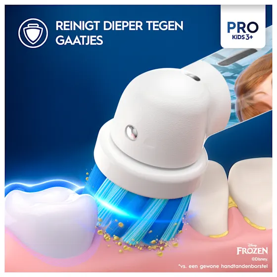 Oral-B Disney Frozen Pro Kids 3+ elektrische tandenborstel, verpakking benadrukt dat deze door tandartsen wereldwijd als nummer 1 wordt gebruikt.