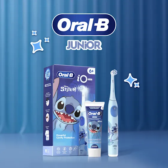 Oral-B Junior-tandpasta, met afbeeldingen van Stitch, biedt 24 uur bescherming tegen gaatjes.